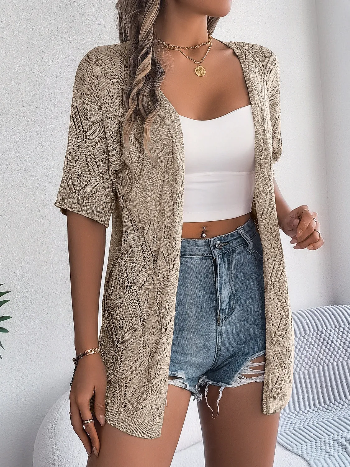 Ramsay Openwork Open Front Half Sleeve Cardigan