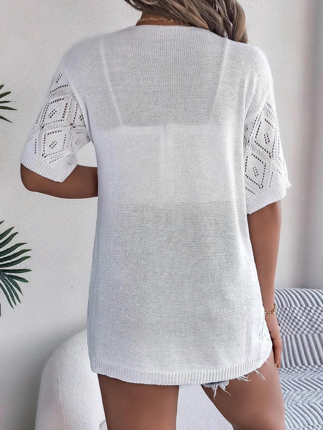 Ramsay Openwork Open Front Half Sleeve Cardigan