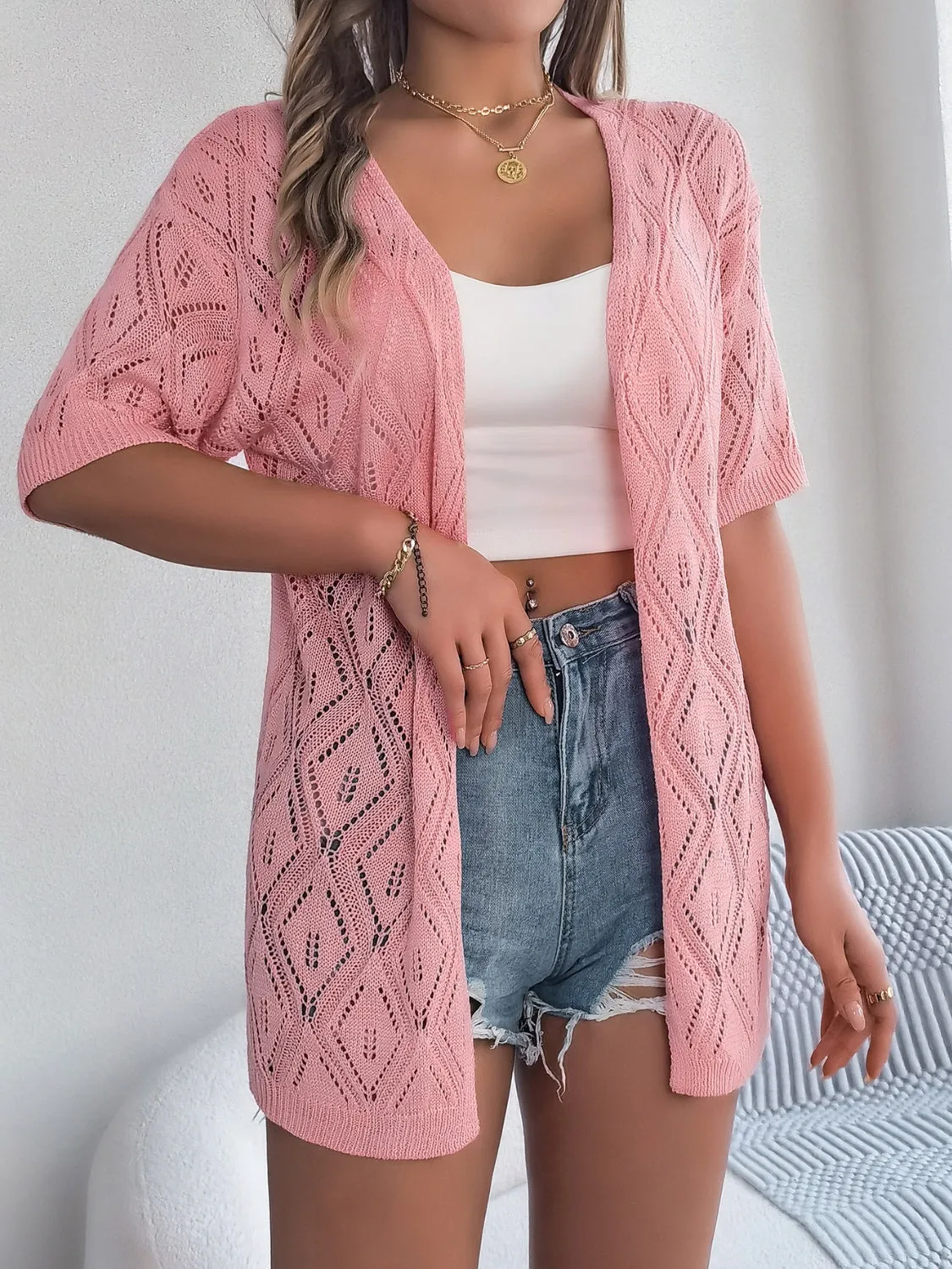 Ramsay Openwork Open Front Half Sleeve Cardigan