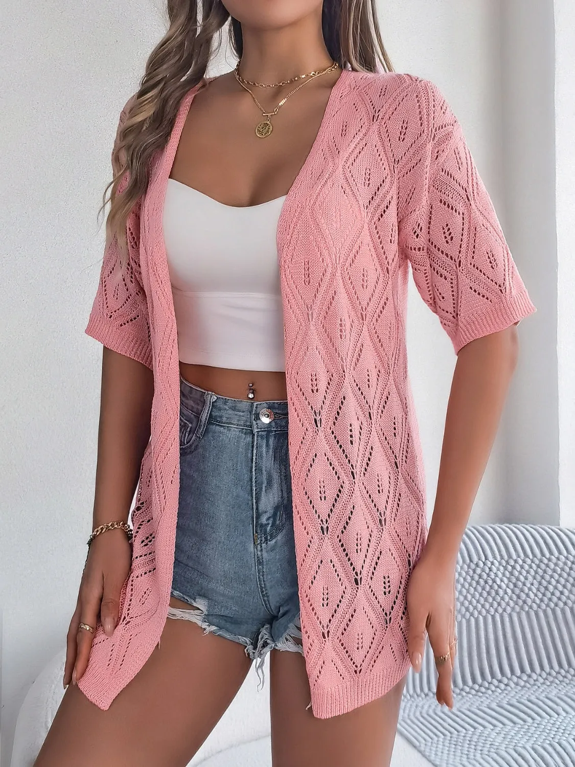 Ramsay Openwork Open Front Half Sleeve Cardigan