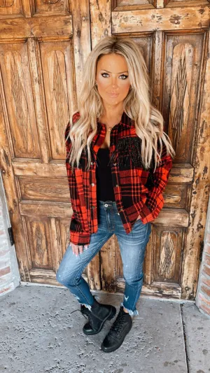 Red Buffalo Plaid Shacket with Rhinestone Fringe