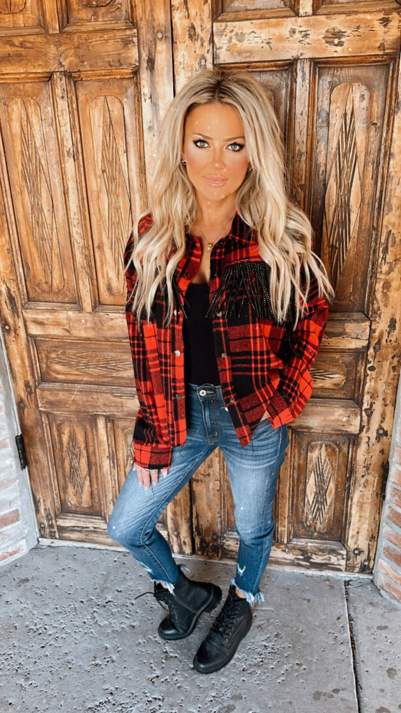 Red Buffalo Plaid Shacket with Rhinestone Fringe
