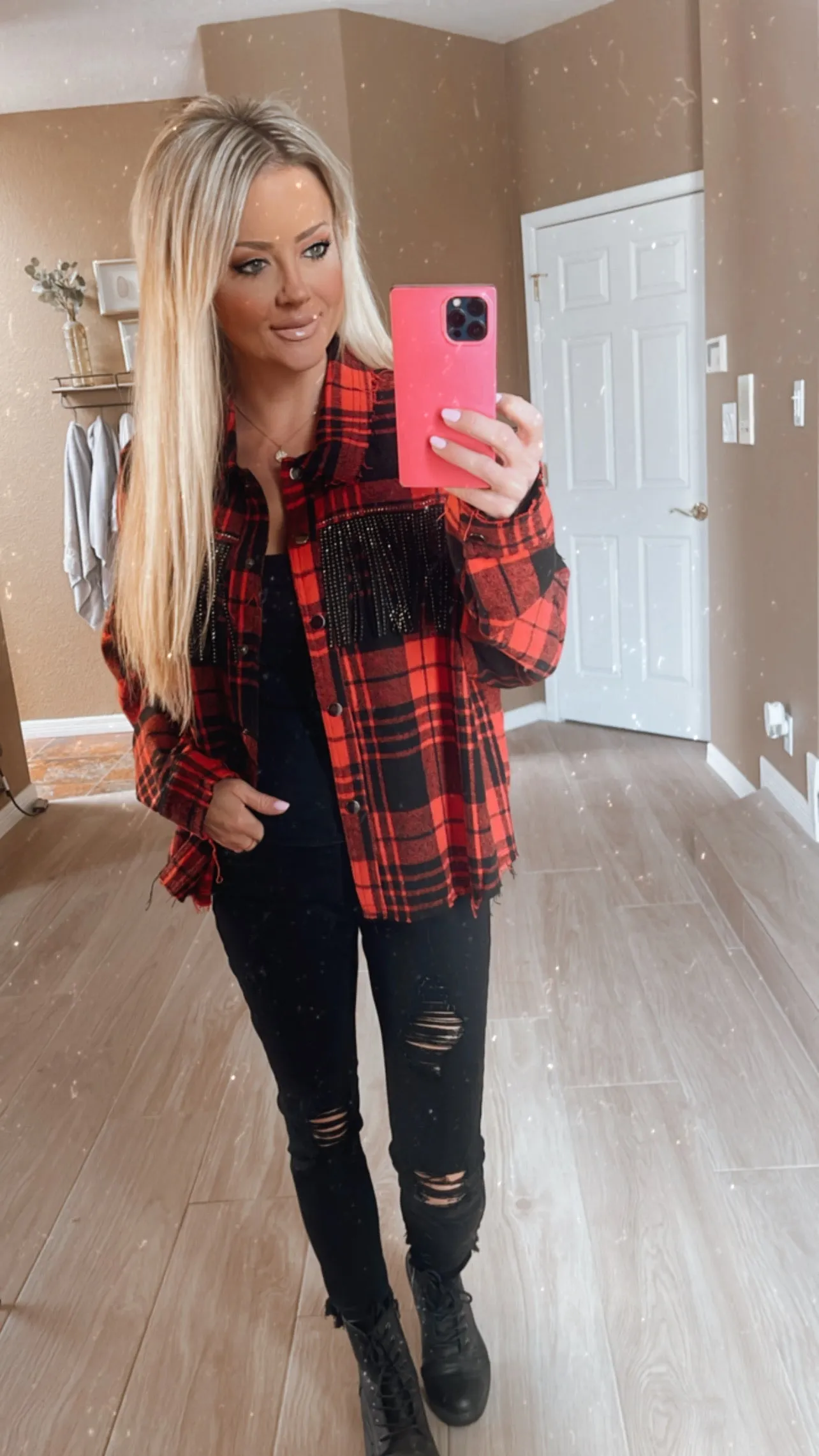 Red Buffalo Plaid Shacket with Rhinestone Fringe