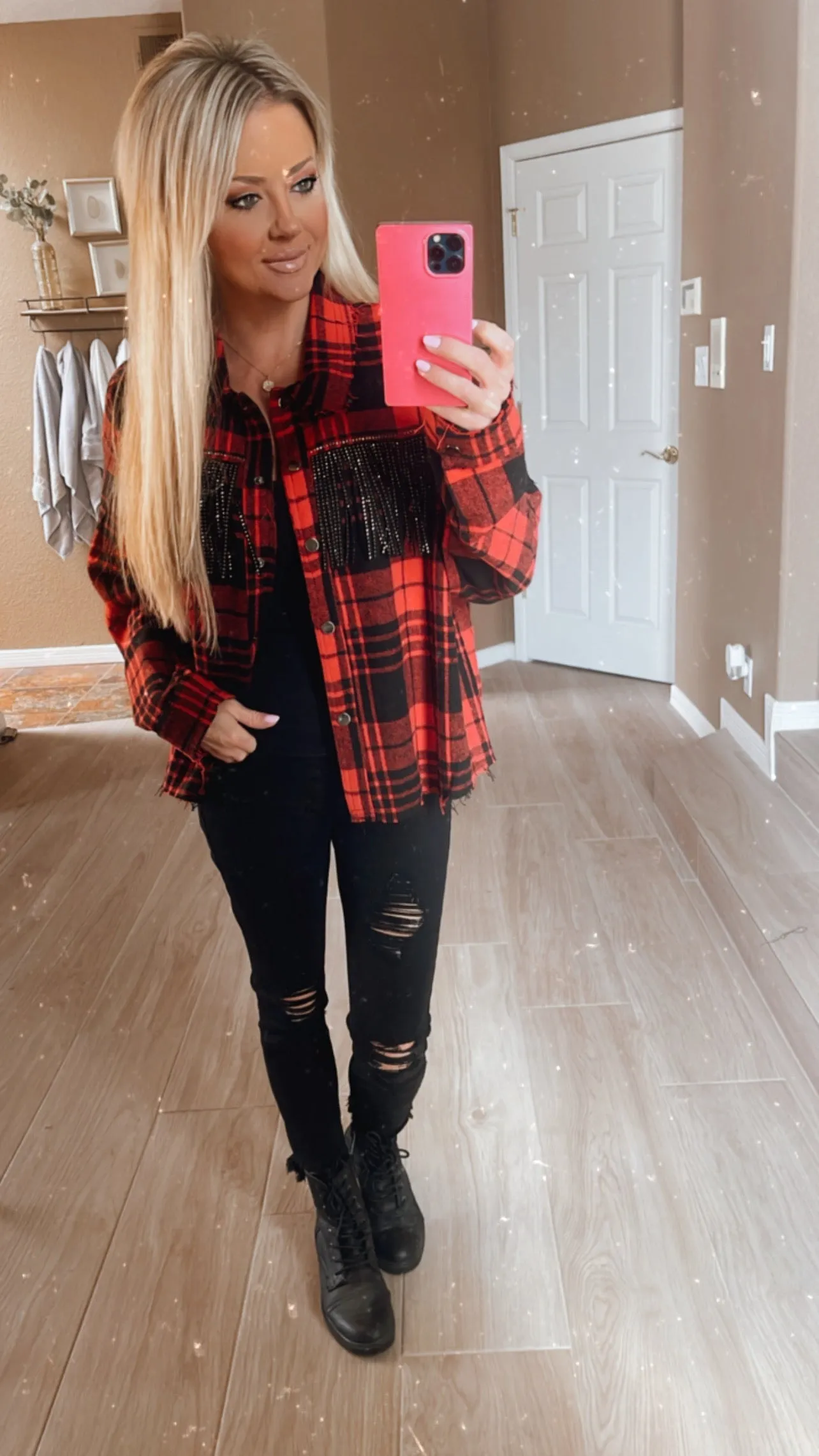 Red Buffalo Plaid Shacket with Rhinestone Fringe
