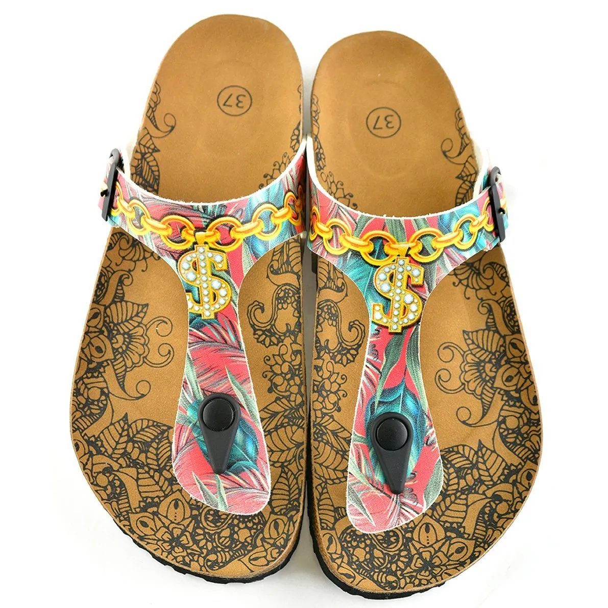 Red Colored, Green and Blue Leafed, Money Patterned Sandal CAL501