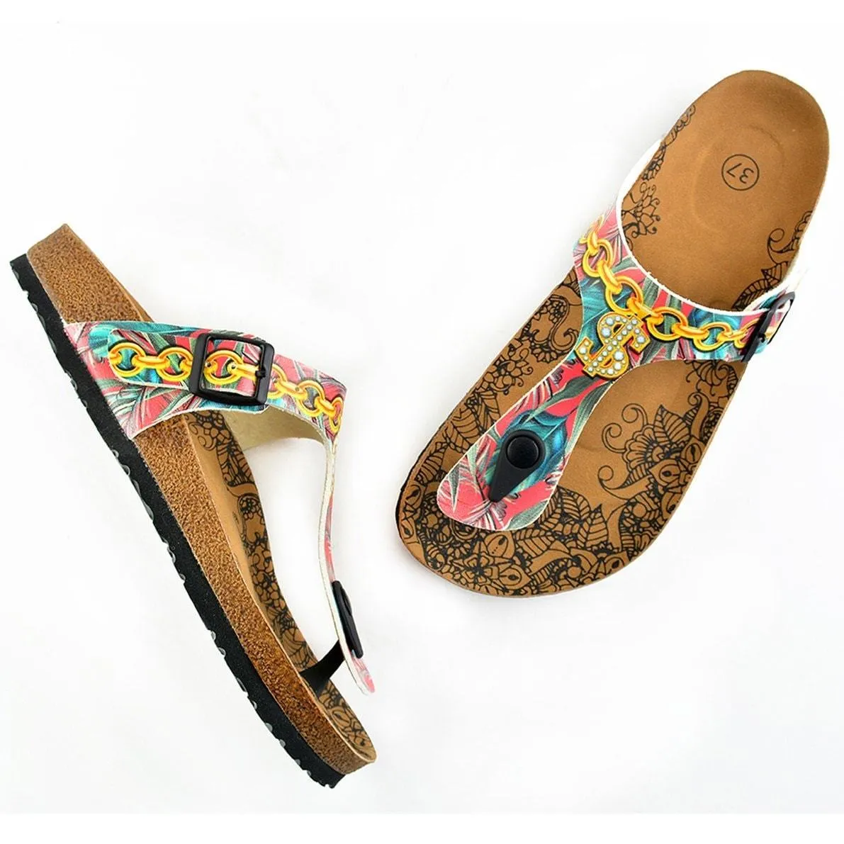 Red Colored, Green and Blue Leafed, Money Patterned Sandal CAL501