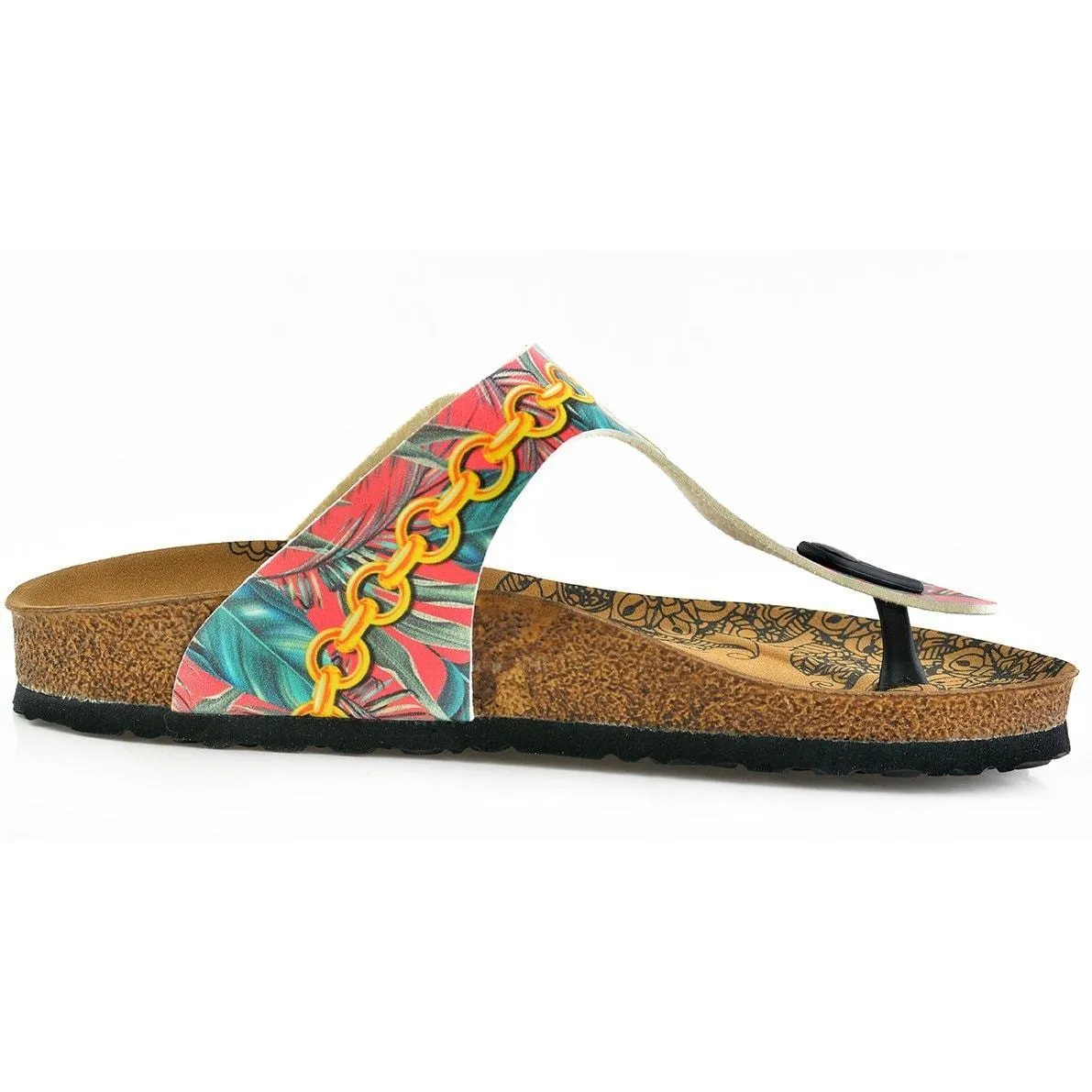 Red Colored, Green and Blue Leafed, Money Patterned Sandal CAL501