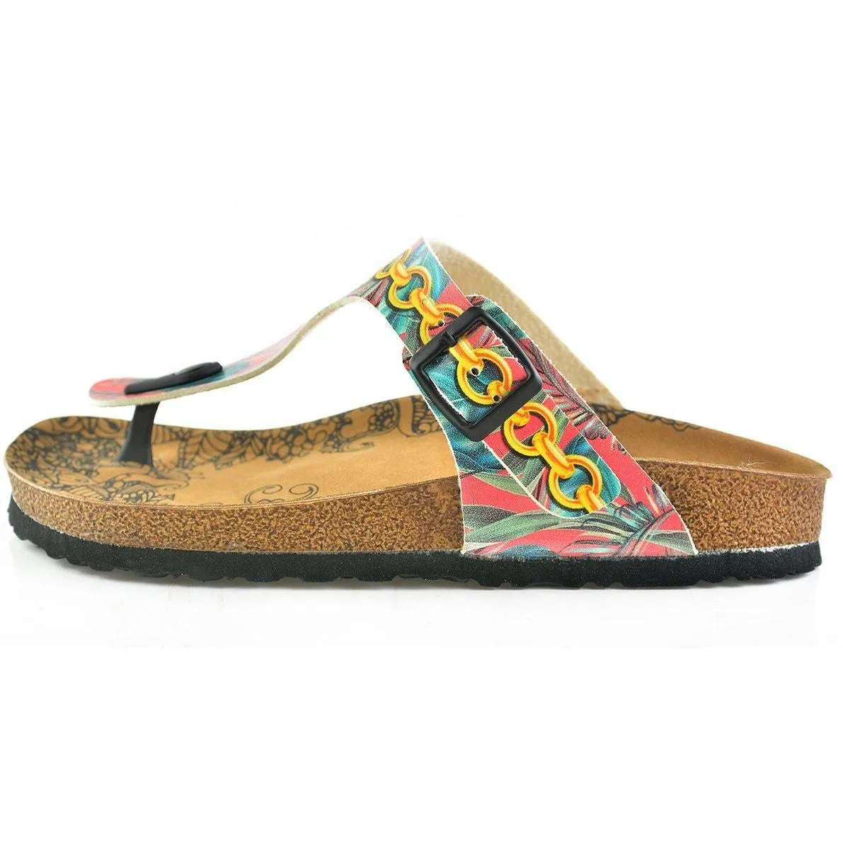 Red Colored, Green and Blue Leafed, Money Patterned Sandal CAL501