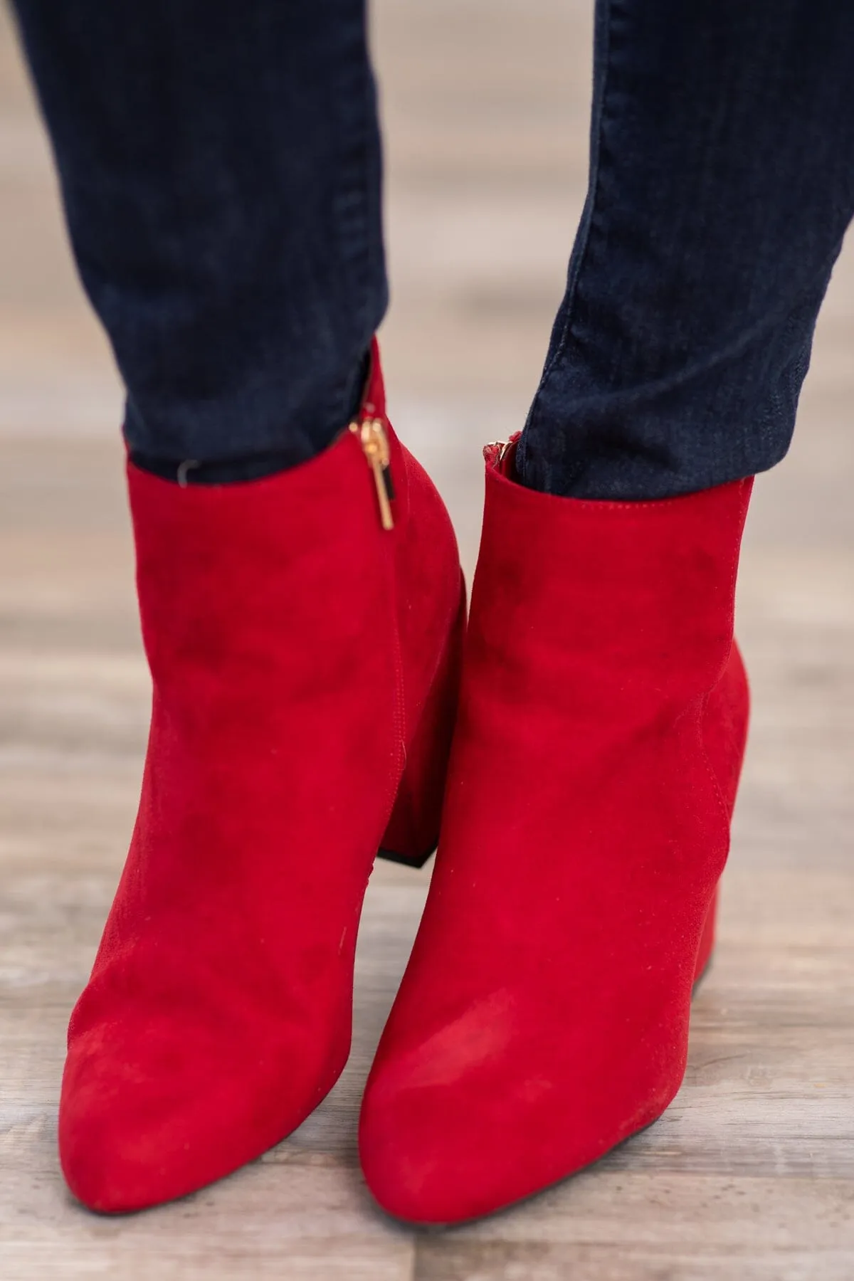 Red Faux Suede Booties