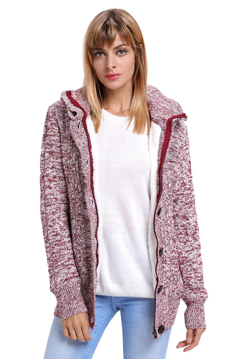 Red Long Sleeve Button-up Hooded Kint Cardigans