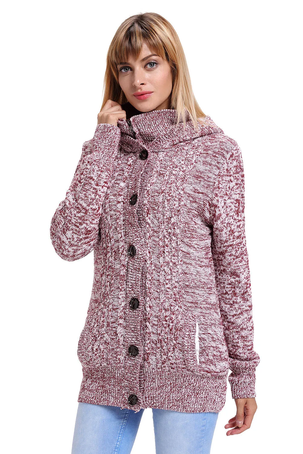 Red Long Sleeve Button-up Hooded Kint Cardigans