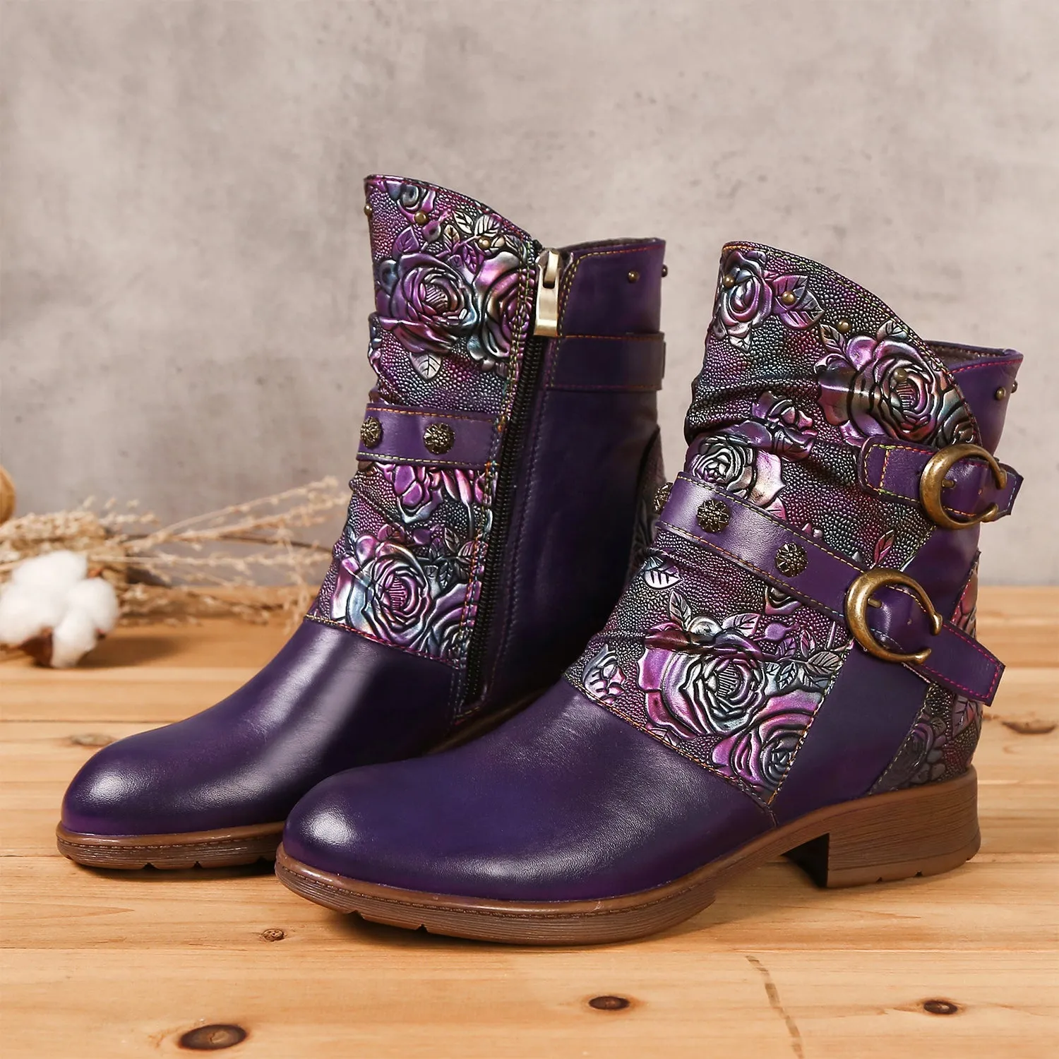 Retro Painted Buckle Flat Boots
