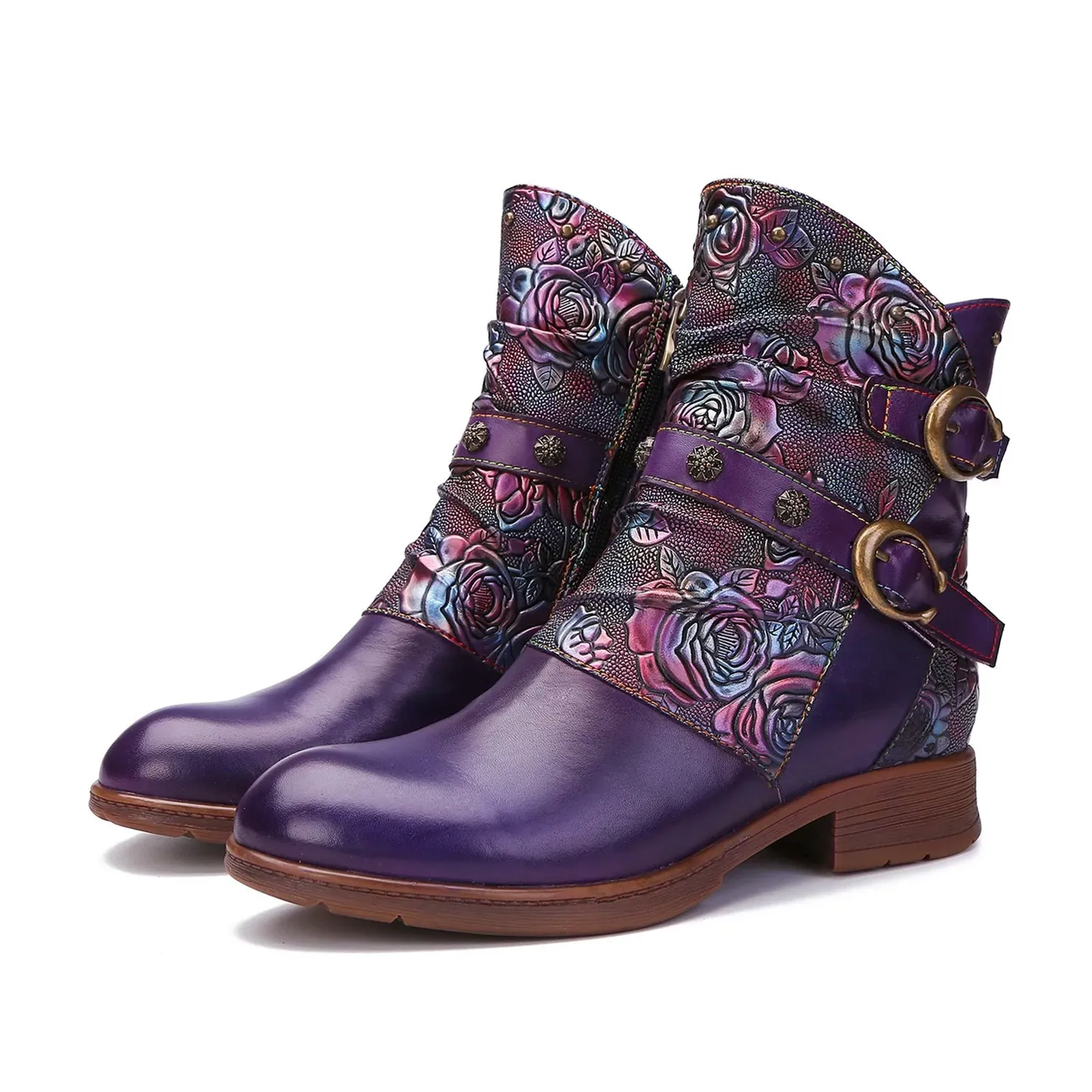 Retro Painted Buckle Flat Boots