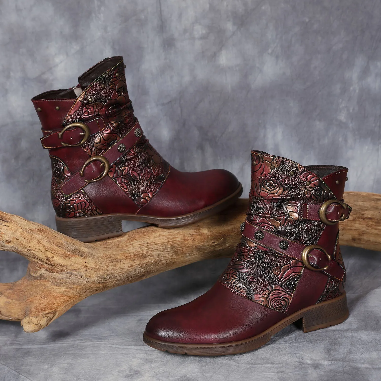 Retro Painted Buckle Flat Boots