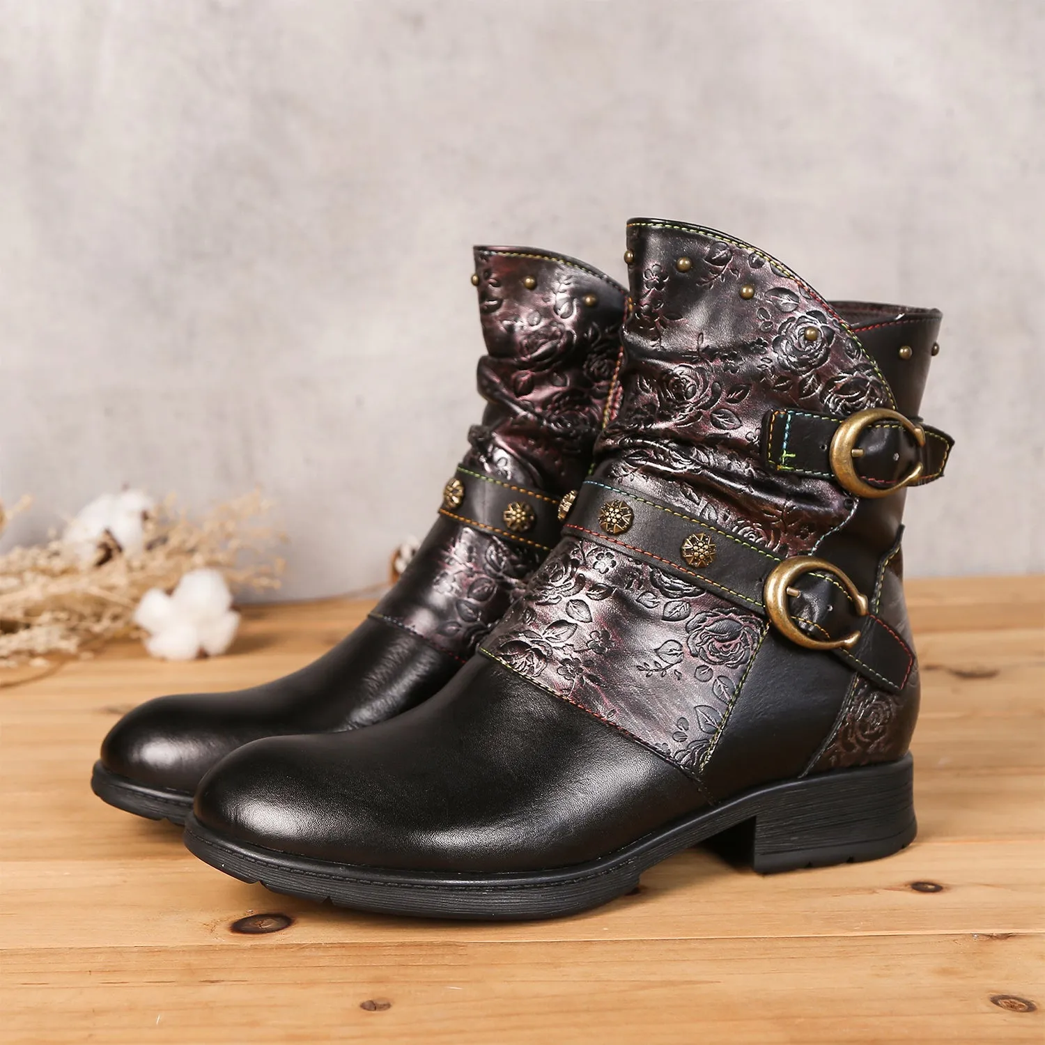 Retro Painted Buckle Flat Boots