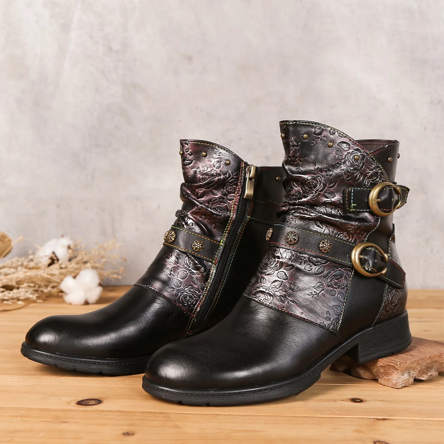 Retro Painted Buckle Flat Boots