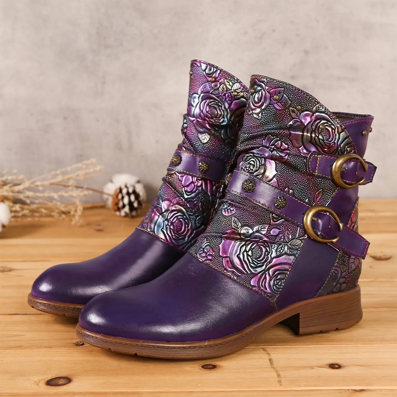 Retro Painted Buckle Flat Boots