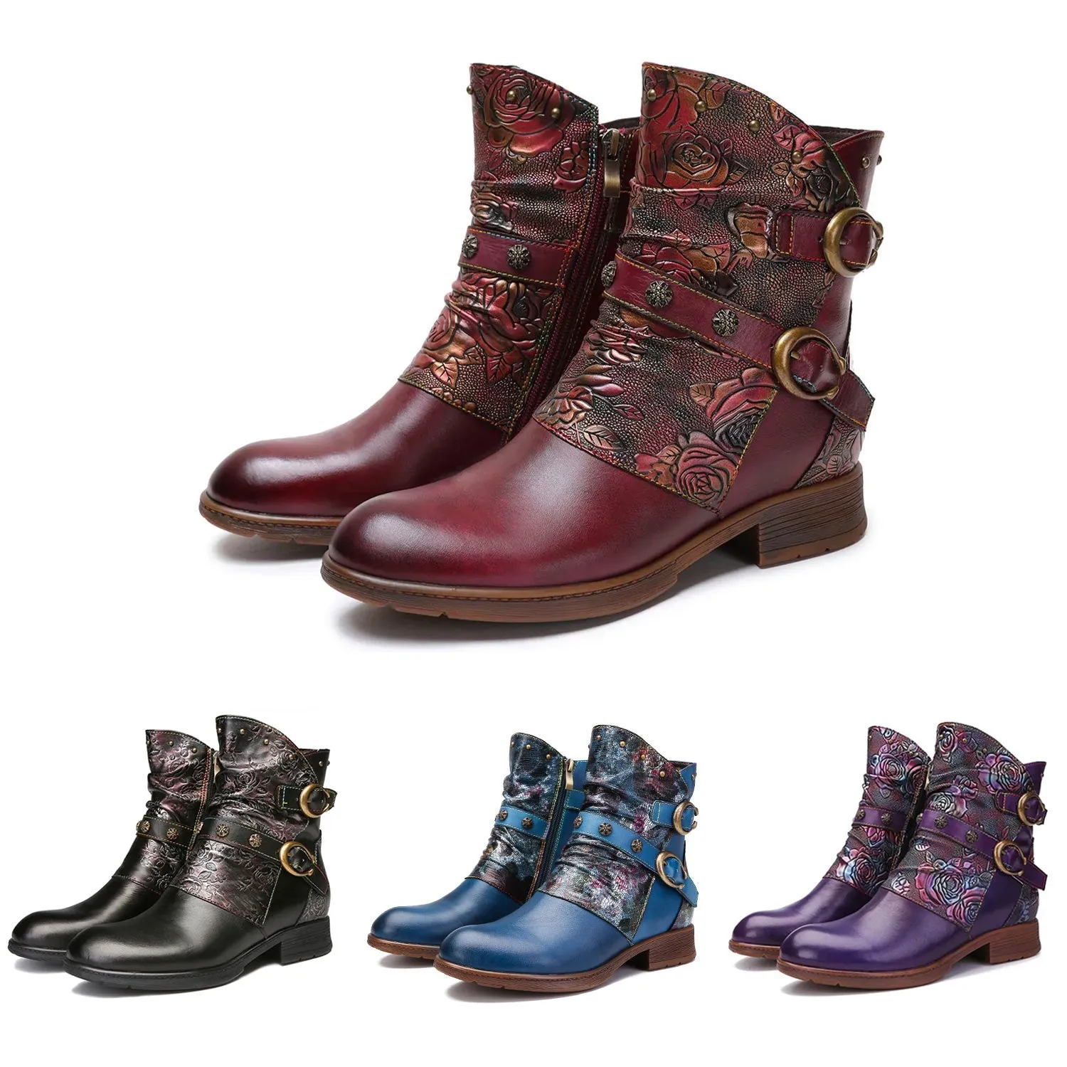 Retro Painted Buckle Flat Boots