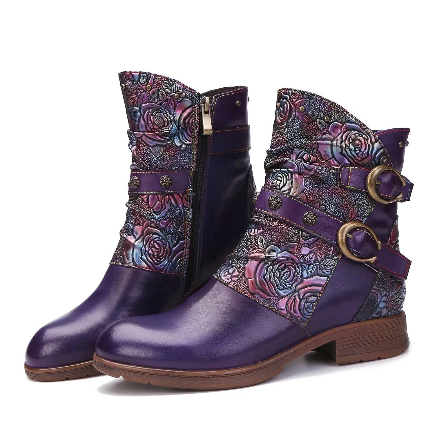 Retro Painted Buckle Flat Boots