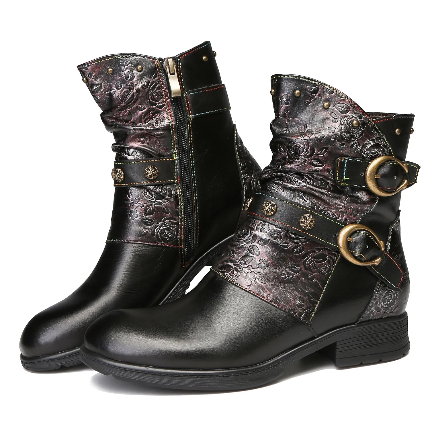 Retro Painted Buckle Flat Boots