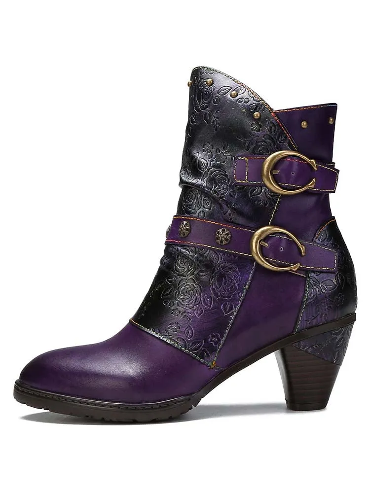 Retro Painted Genuine Leather Clasp Ankle Boots