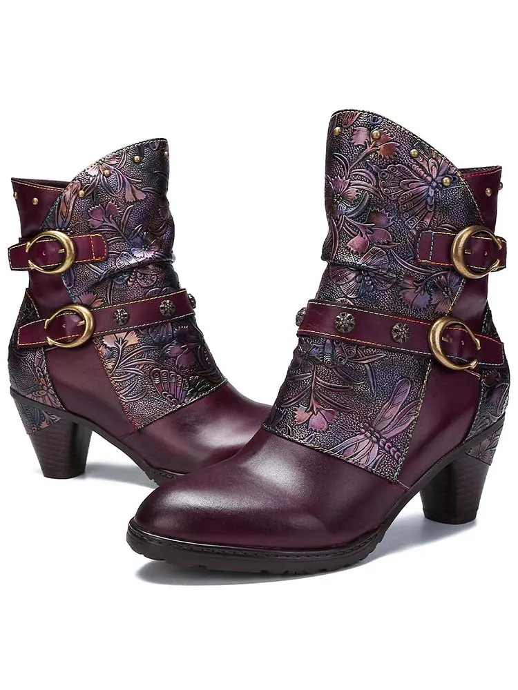 Retro Painted Genuine Leather Clasp Ankle Boots