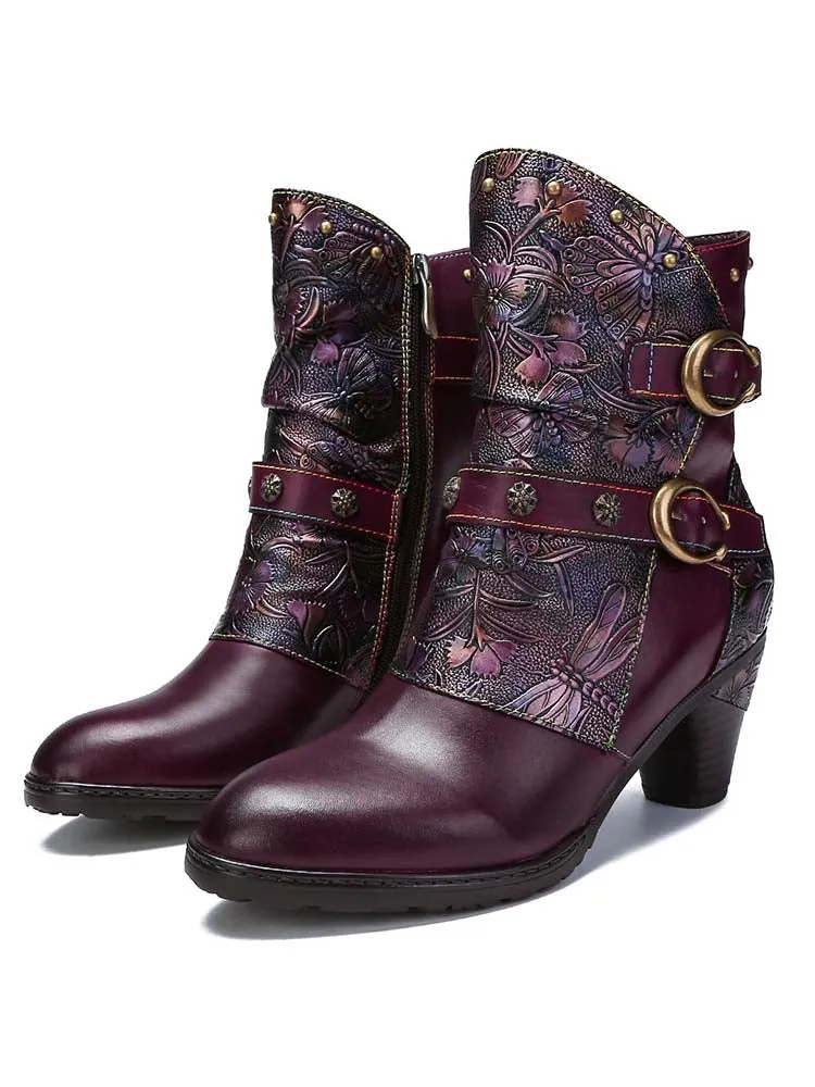 Retro Painted Genuine Leather Clasp Ankle Boots