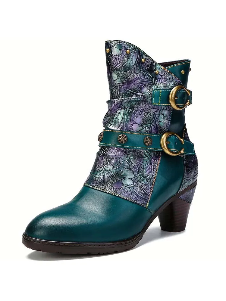 Retro Painted Genuine Leather Clasp Ankle Boots