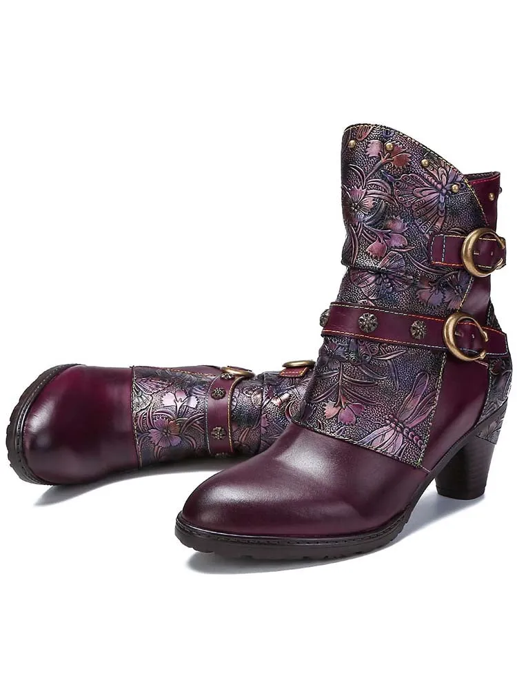 Retro Painted Genuine Leather Clasp Ankle Boots