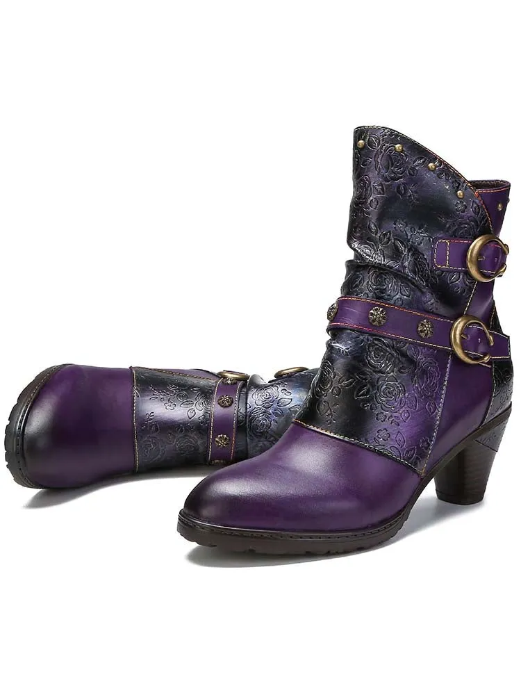 Retro Painted Genuine Leather Clasp Ankle Boots