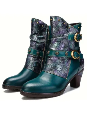 Retro Painted Genuine Leather Clasp Ankle Boots