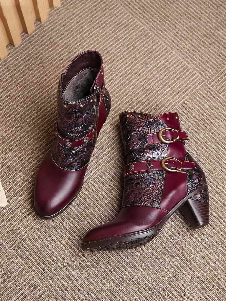 Retro Painted Genuine Leather Clasp Ankle Boots