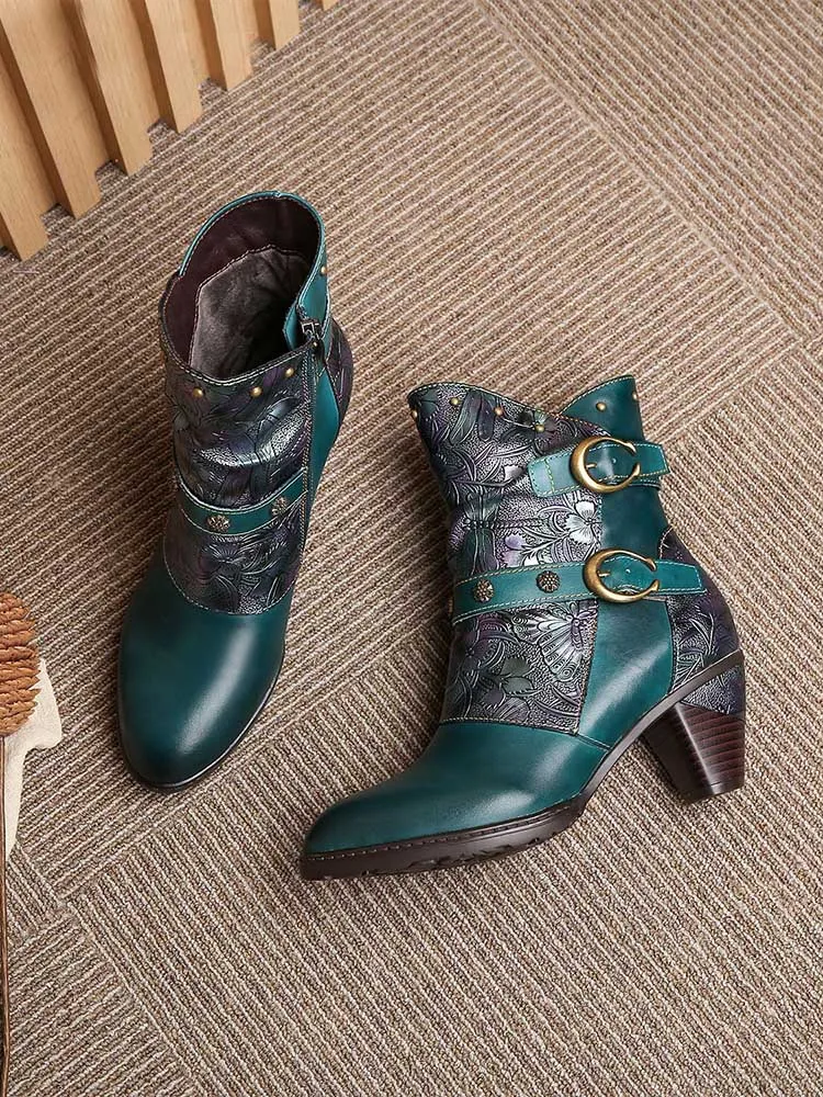 Retro Painted Genuine Leather Clasp Ankle Boots