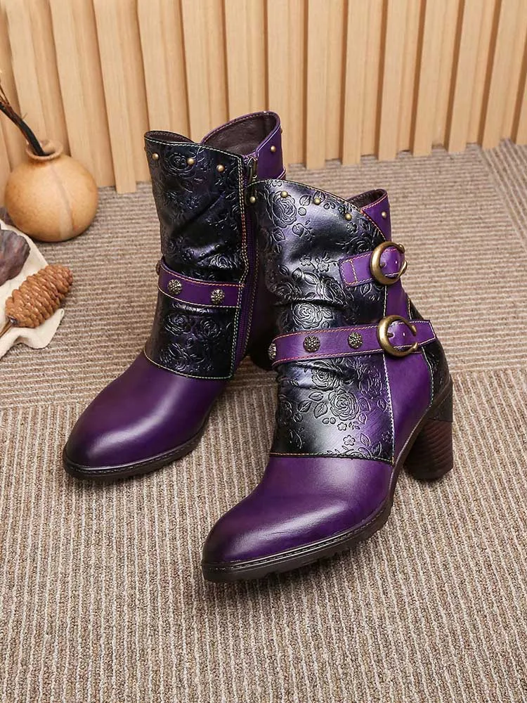 Retro Painted Genuine Leather Clasp Ankle Boots
