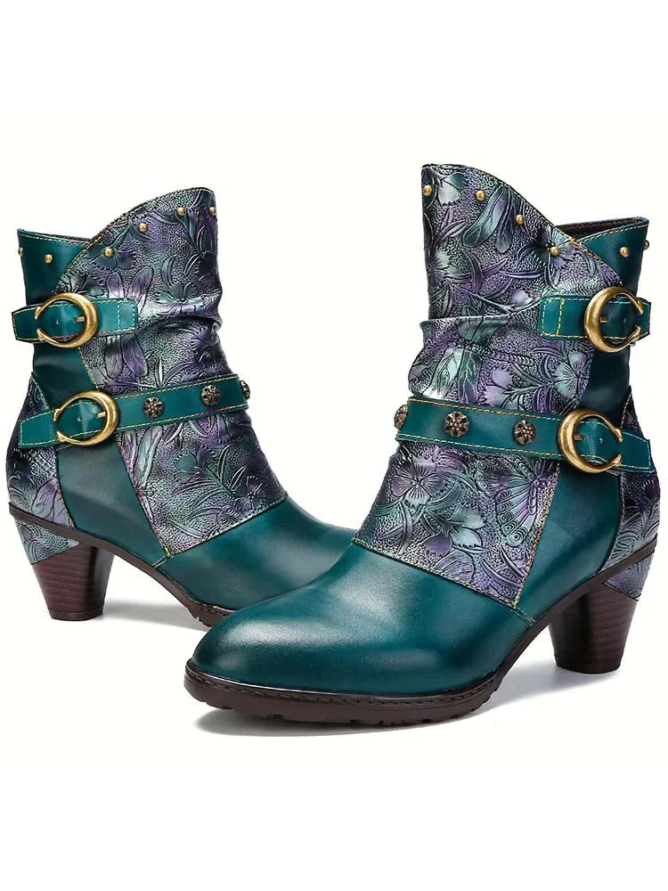 Retro Painted Genuine Leather Clasp Ankle Boots