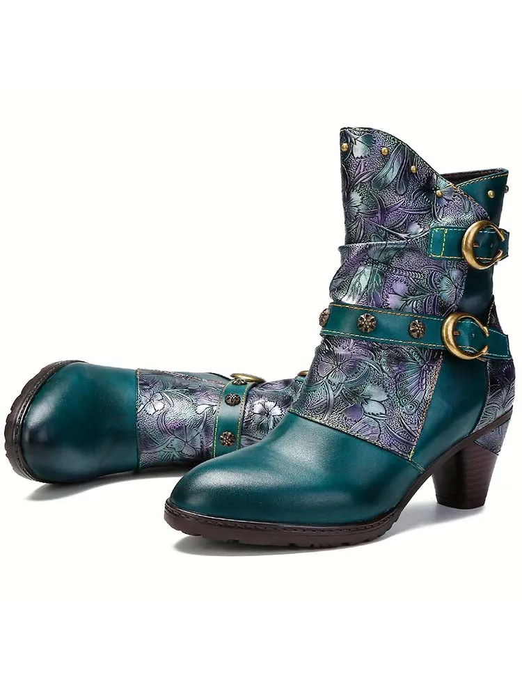 Retro Painted Genuine Leather Clasp Ankle Boots