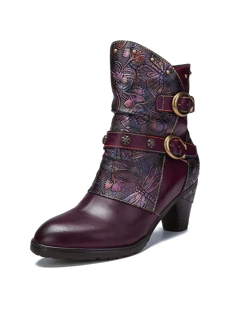 Retro Painted Genuine Leather Clasp Ankle Boots