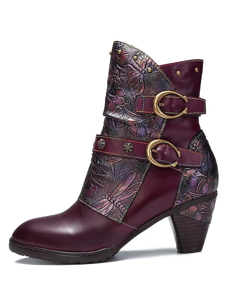 Retro Painted Genuine Leather Clasp Ankle Boots
