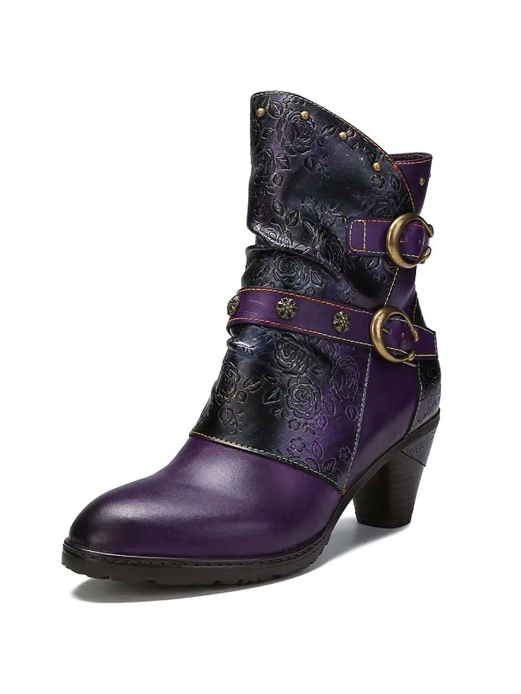 Retro Painted Genuine Leather Clasp Ankle Boots