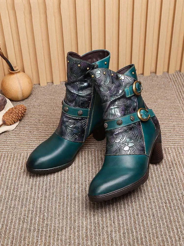 Retro Painted Genuine Leather Clasp Ankle Boots