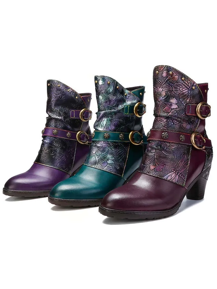 Retro Painted Genuine Leather Clasp Ankle Boots