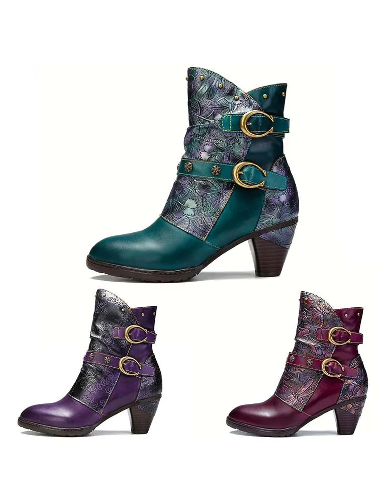 Retro Painted Genuine Leather Clasp Ankle Boots