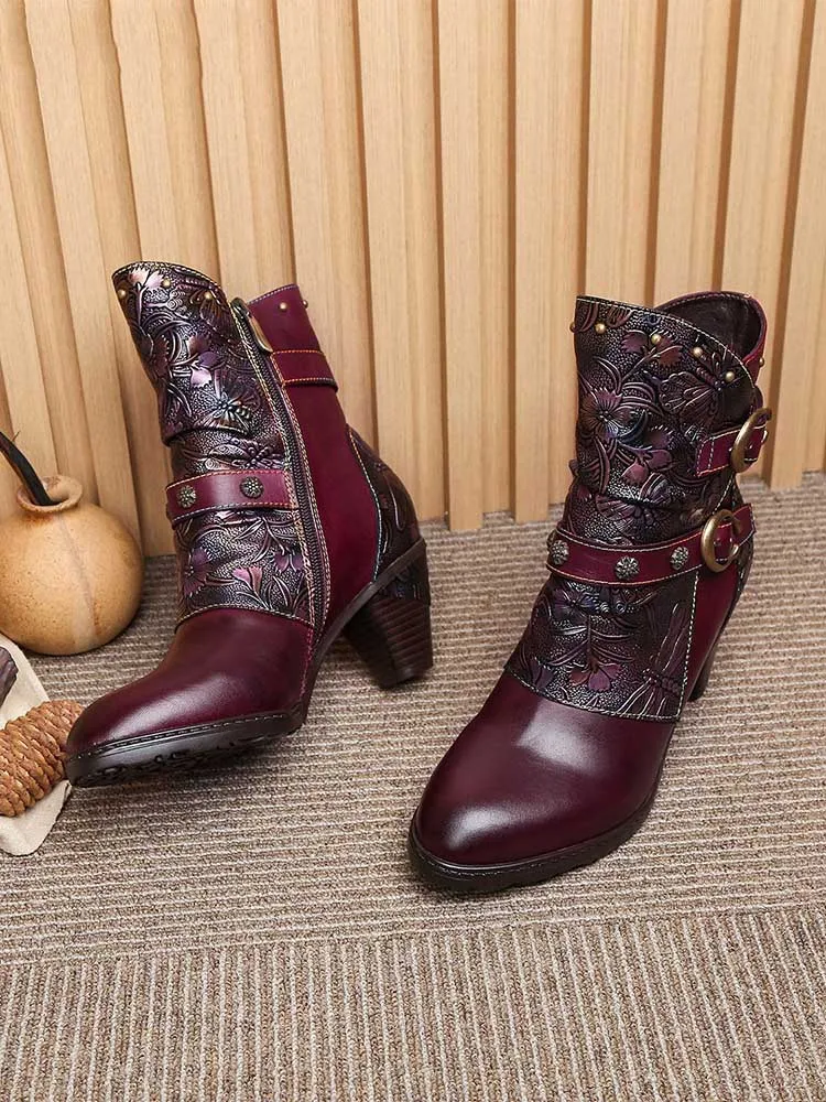 Retro Painted Genuine Leather Clasp Ankle Boots