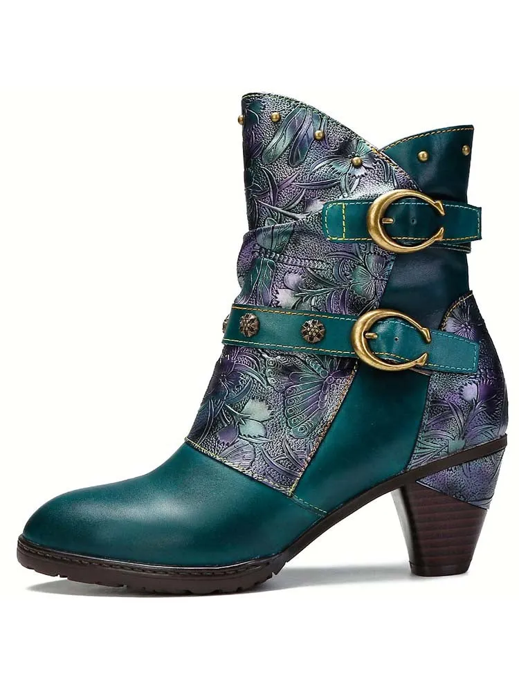 Retro Painted Genuine Leather Clasp Ankle Boots