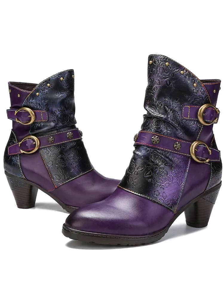 Retro Painted Genuine Leather Clasp Ankle Boots
