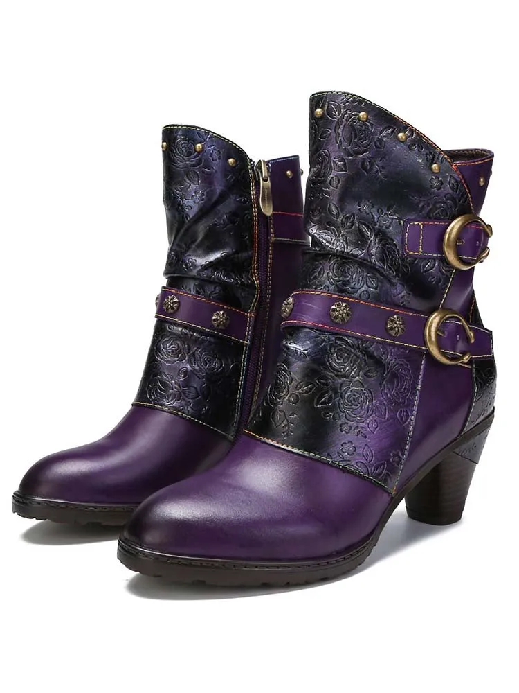Retro Painted Genuine Leather Clasp Ankle Boots
