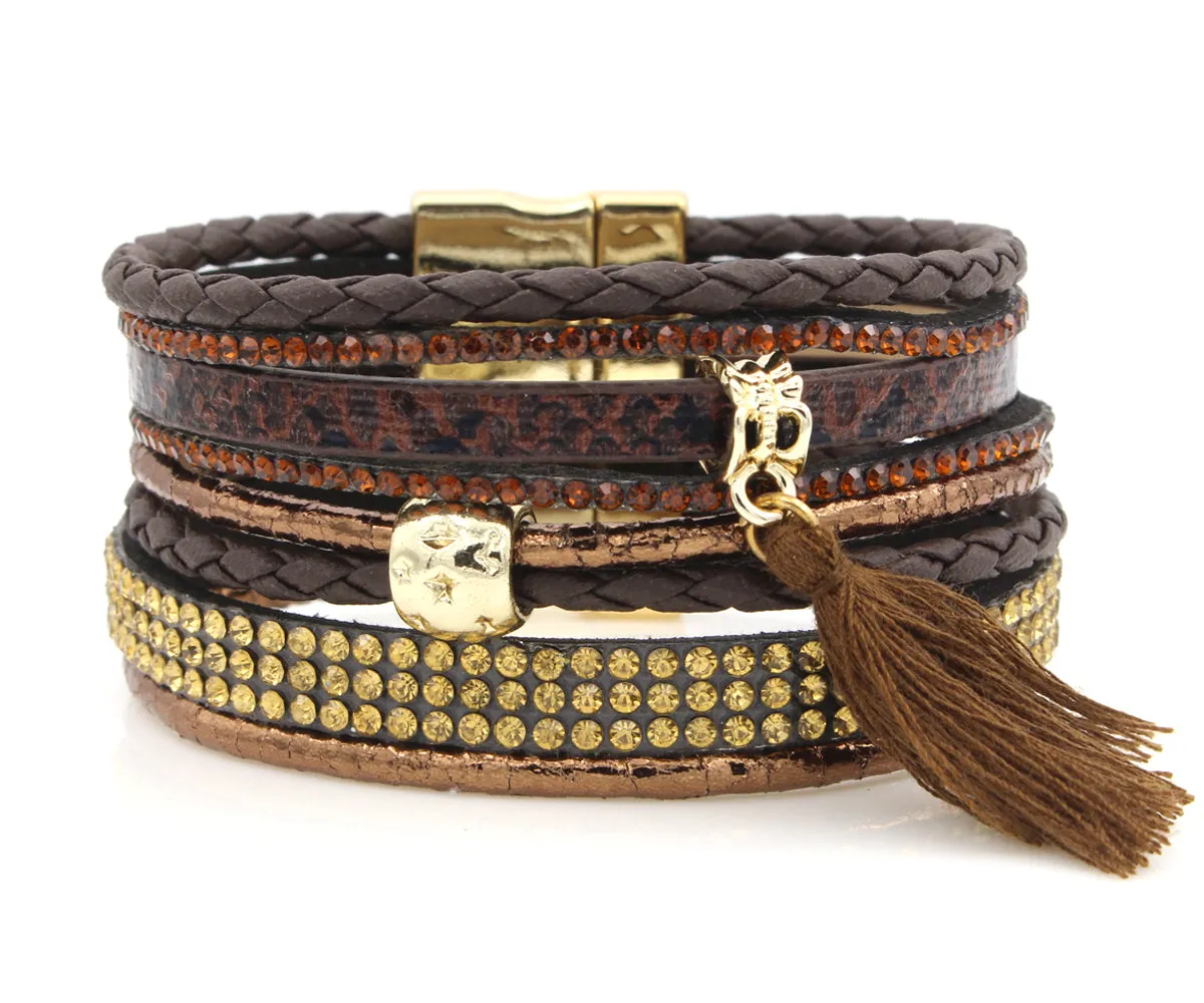 Rhinestone Tassel Brown Leather Bracelet