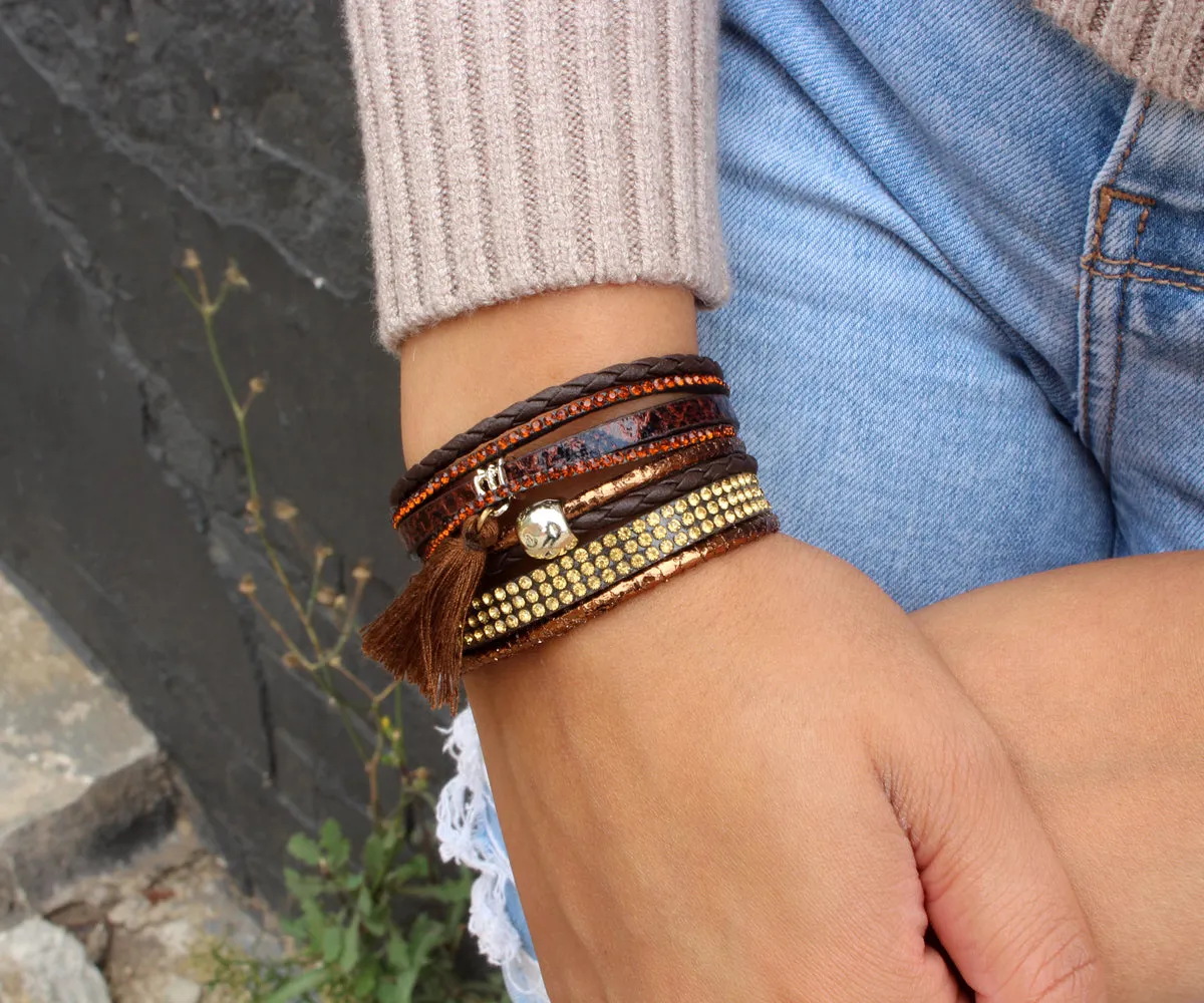 Rhinestone Tassel Brown Leather Bracelet