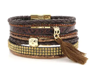 Rhinestone Tassel Brown Leather Bracelet
