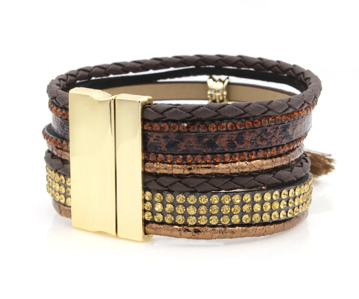 Rhinestone Tassel Brown Leather Bracelet